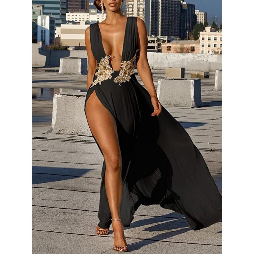 Women's Black Deep V-Neck Maxi Dress With High Slit